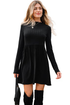 Black Frilled Neck Ribbed Knit Patchwork Long Sleeve Mini Dress