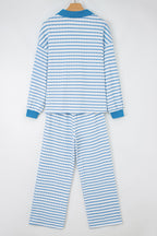 Sky Blue Stripe Collared Pullover Top and Drawstring Pant Set