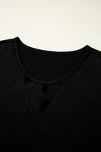 Black Floral Mesh Patchwork Loose V Neck Plus Size T Shirt