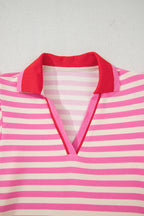 Sachet Pink Stripe Print Contrast Collar Split Neck Flutter Sleeve Short Dress