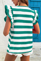 Black Stripe Flutter Sleeve Round Neck T Shirt