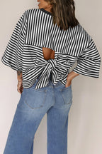 Black Stripe Bowknot Cutout Back Drop Shoulder Wide Bracelet Sleeve Loose Tee