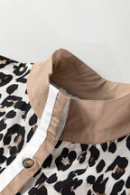 Multicolour Button Striped Collar Leopard Print Long Sleeve Flared Dress